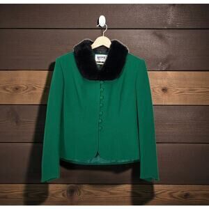 Vintage Kasper Green Blazer with Faux Fur Collar 4 Petite